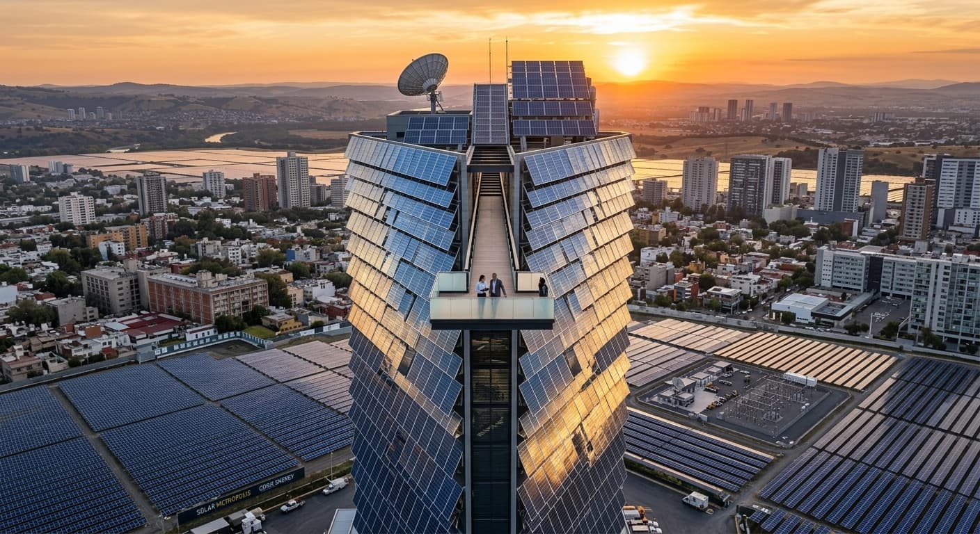 Aerial view of a solar-clad skyscraper at sunset surrounded by solar farms
