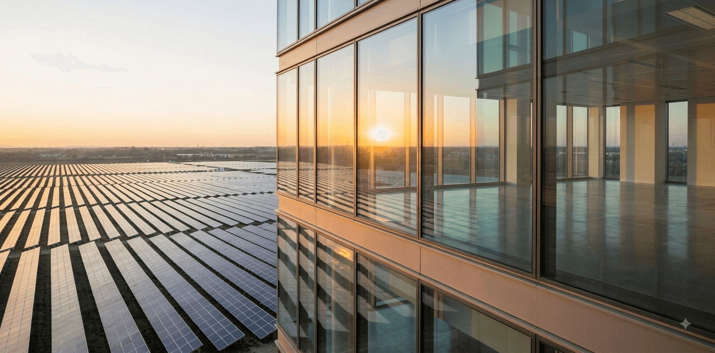 Solar panel field beside a glass office building at sunrise