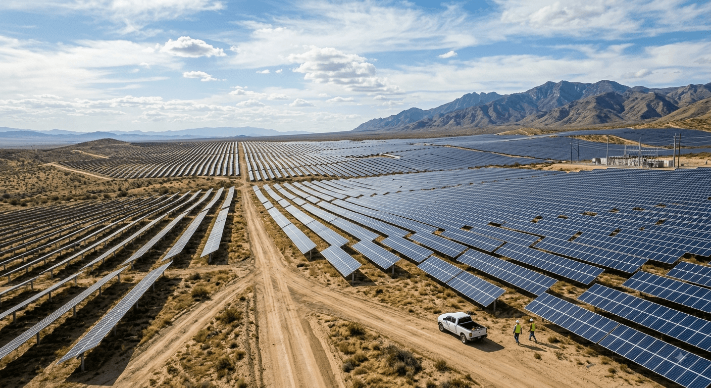 Aerial view of a large desert solar farm with workers inspecting panels