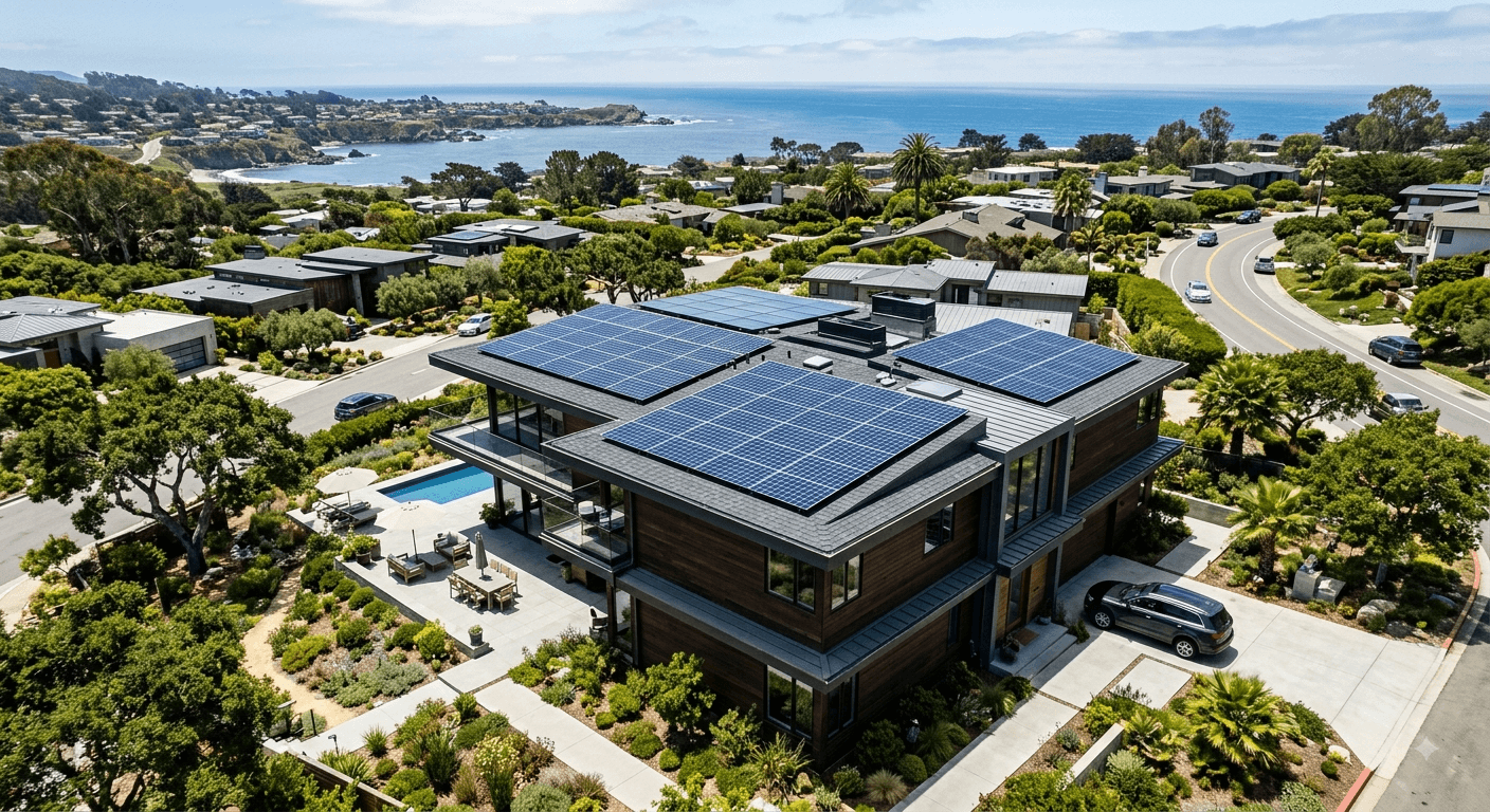 Aerial view of a coastal neighborhood with solar panels on rooftops