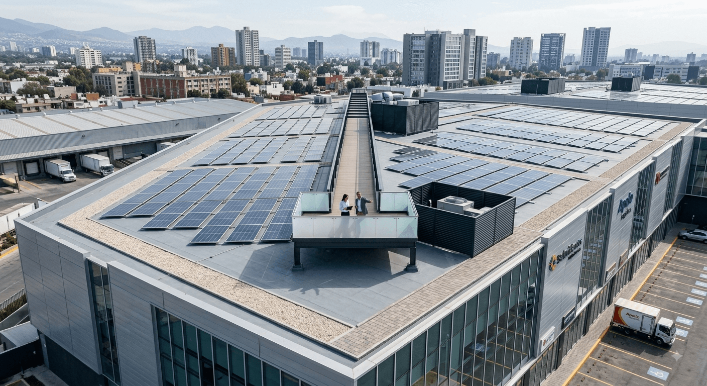 Aerial view of two people on a rooftop solar walkway above a city skyline